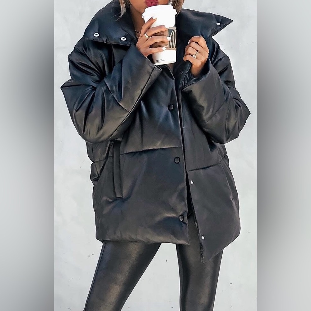 NWT AVEC LES FILLES CADE POCKETED FAUX LEATHER PUFFER JACKET-BLACK🖤, S, BNWTIB
